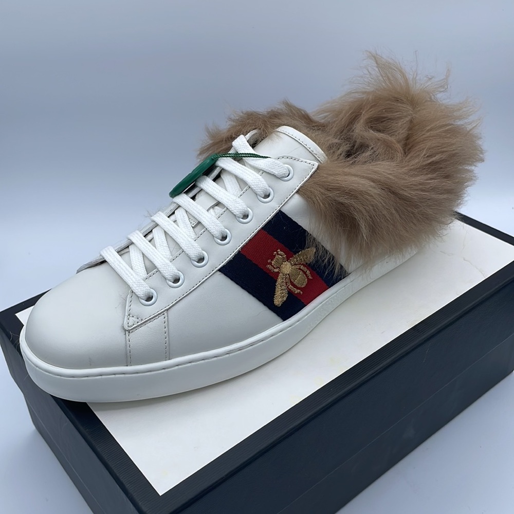 Gucci Ace Fur Men’s White Leather Sneakers Size 7.5 UK / 8 US NIB